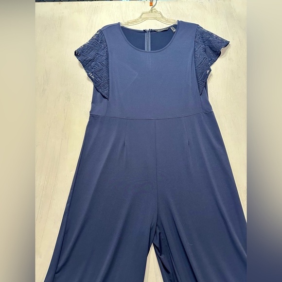 H by Halston Pants - H by Halston Women’s Jumpsuit Medium Navy Lace Flutter Sleeve Wide Leg Stretch